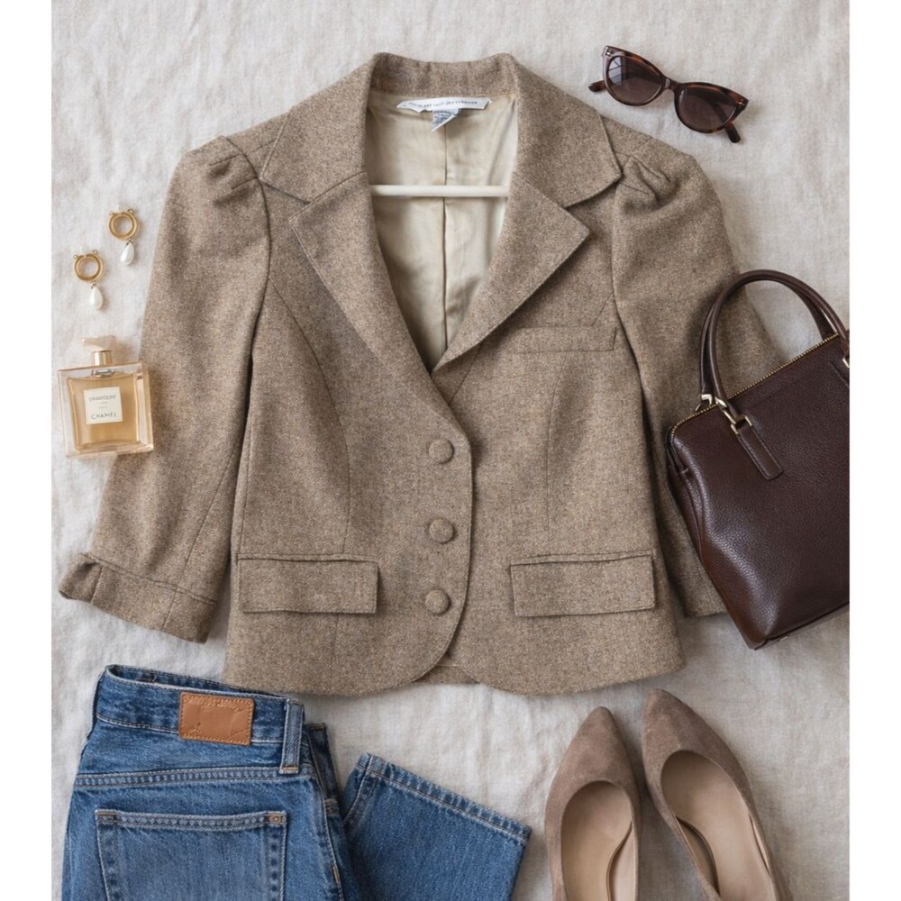 Diane von Furstenberg Women’s Wool Blend Blazer Size 8 Brown Tweed Cropped